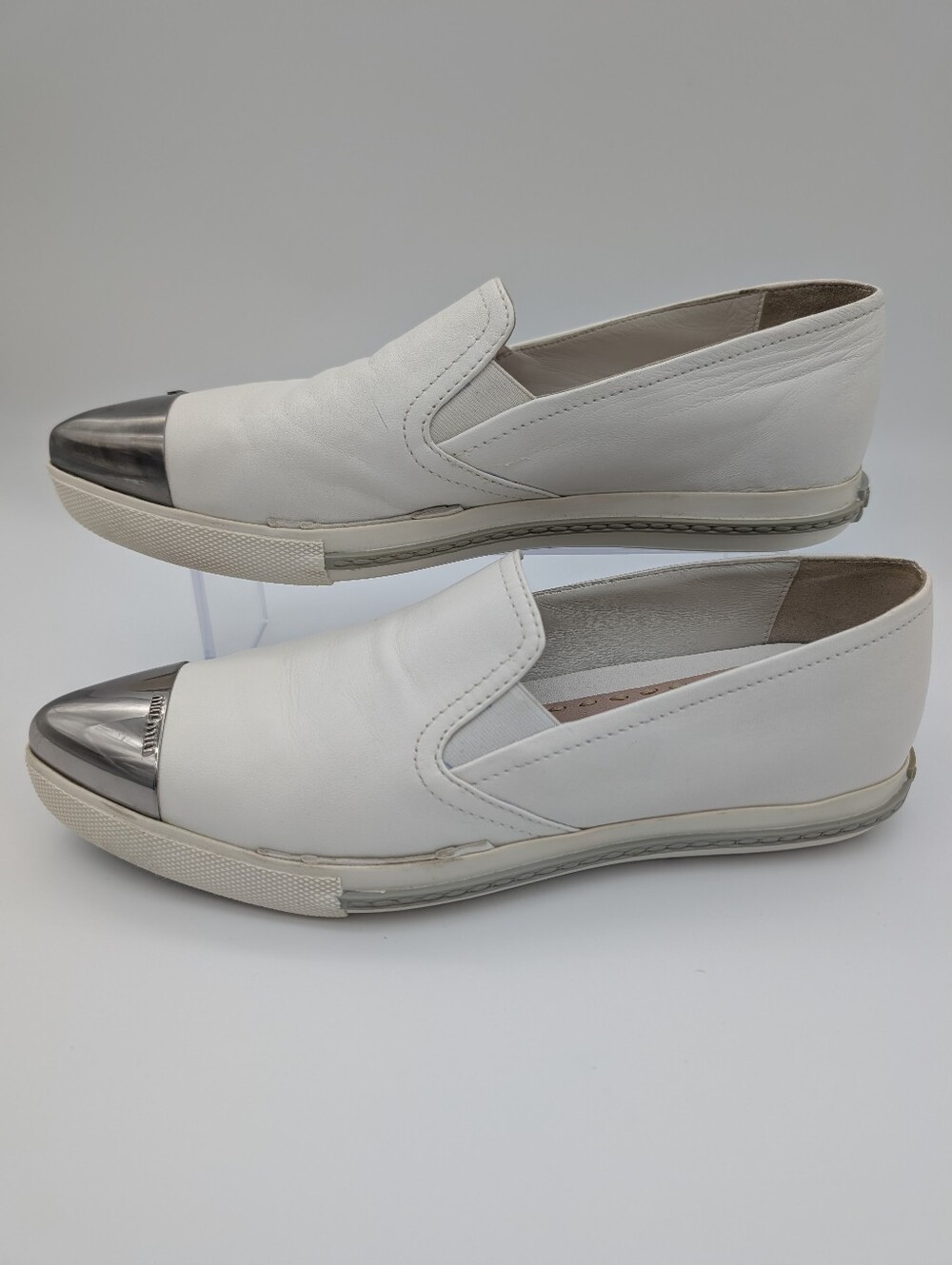 Miu Miu Silver Tip Toe White Leather Slip-on Loafers Sneakers EU 38 US 8 - Picture 3 of 10